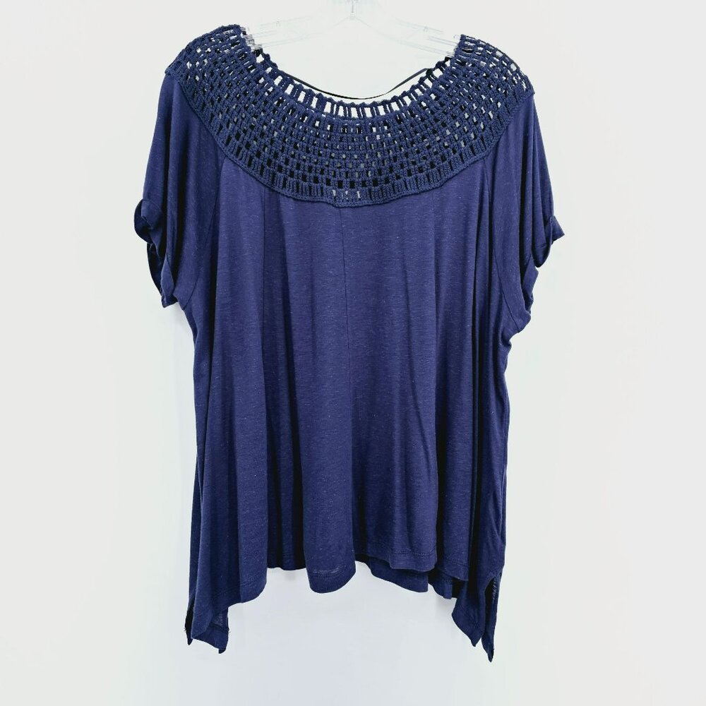 Maurices Top L Blue Short Cuffed Sleeve Handkerchief Hem Crochet Knit Yoke New